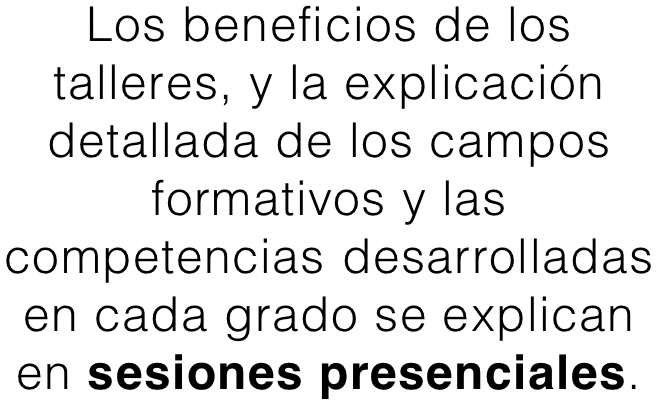 Los beneficios de los talleres, y la explicación detallada de los campos formativos y las competencias desarrolladas en cada grado se explican en sesiones presenciales.